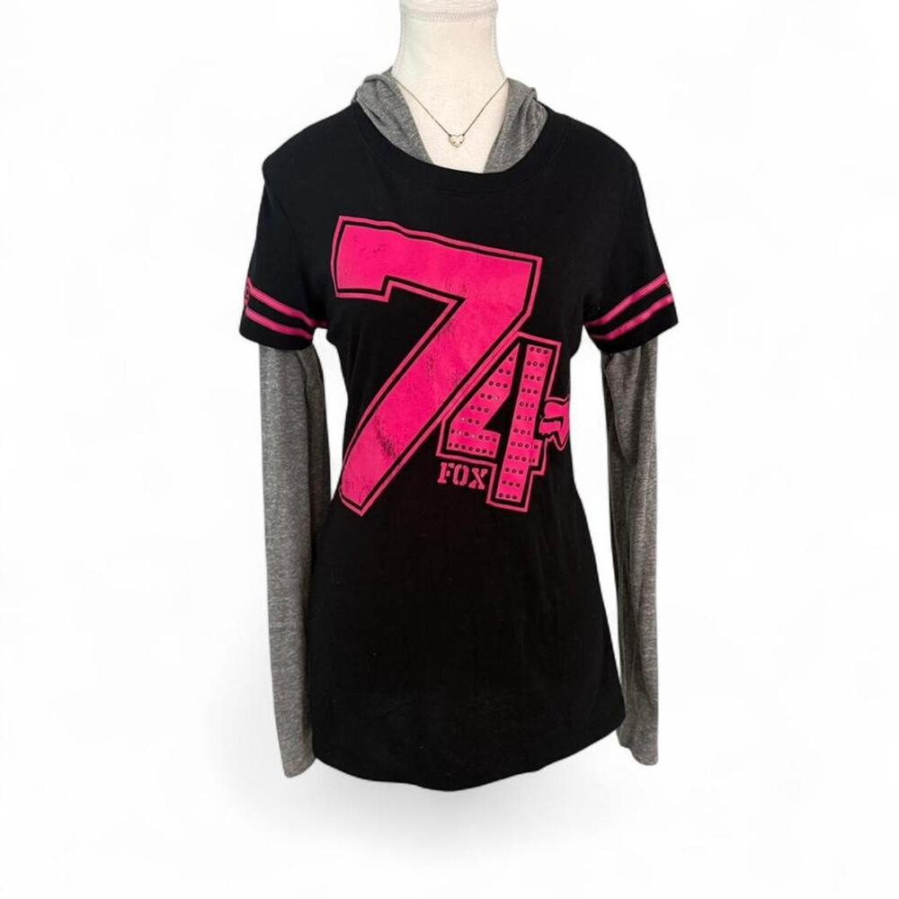 Fox Racing Vintage Y2K Biker Girl Grunge Pink + Black Hooded Long Sleeve size L